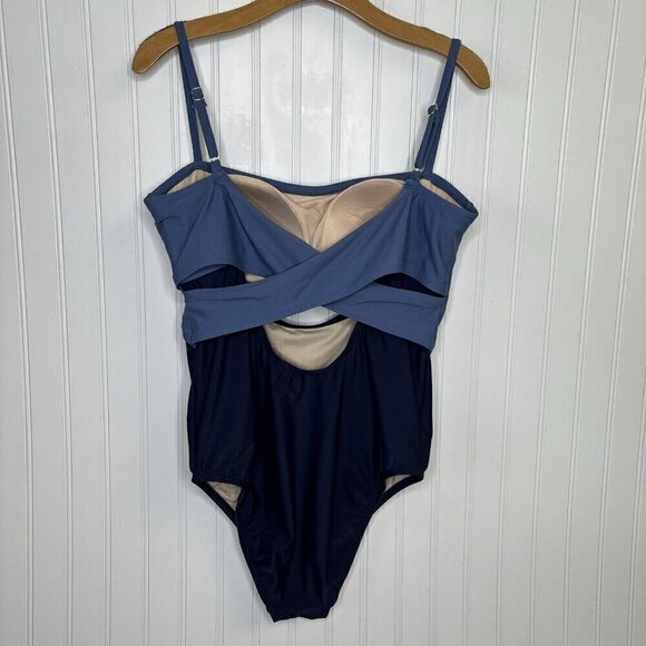 Kona Sol Two-Tone Blue Color Block 1-piece Womens XL Criss Cross Back Swimsuit - Picture 3 of 9